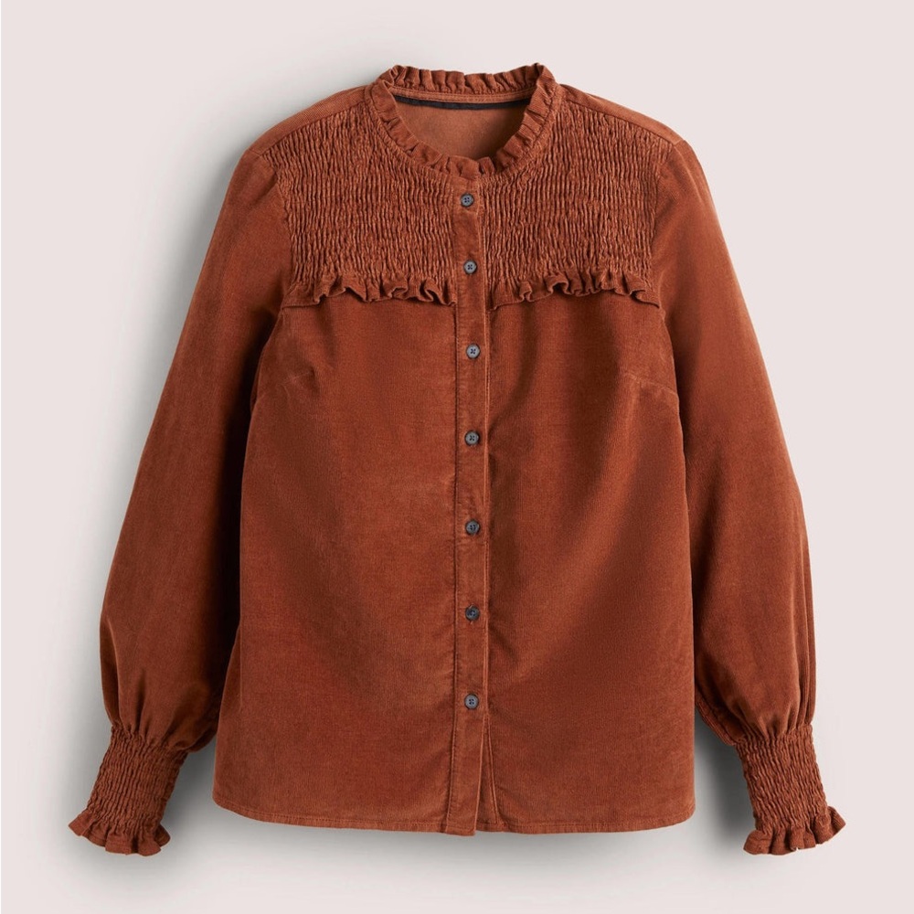 Boden Smocked High Neck Shirt in
Red Oak Corduroy, Size 6 - Picture 2 of 15